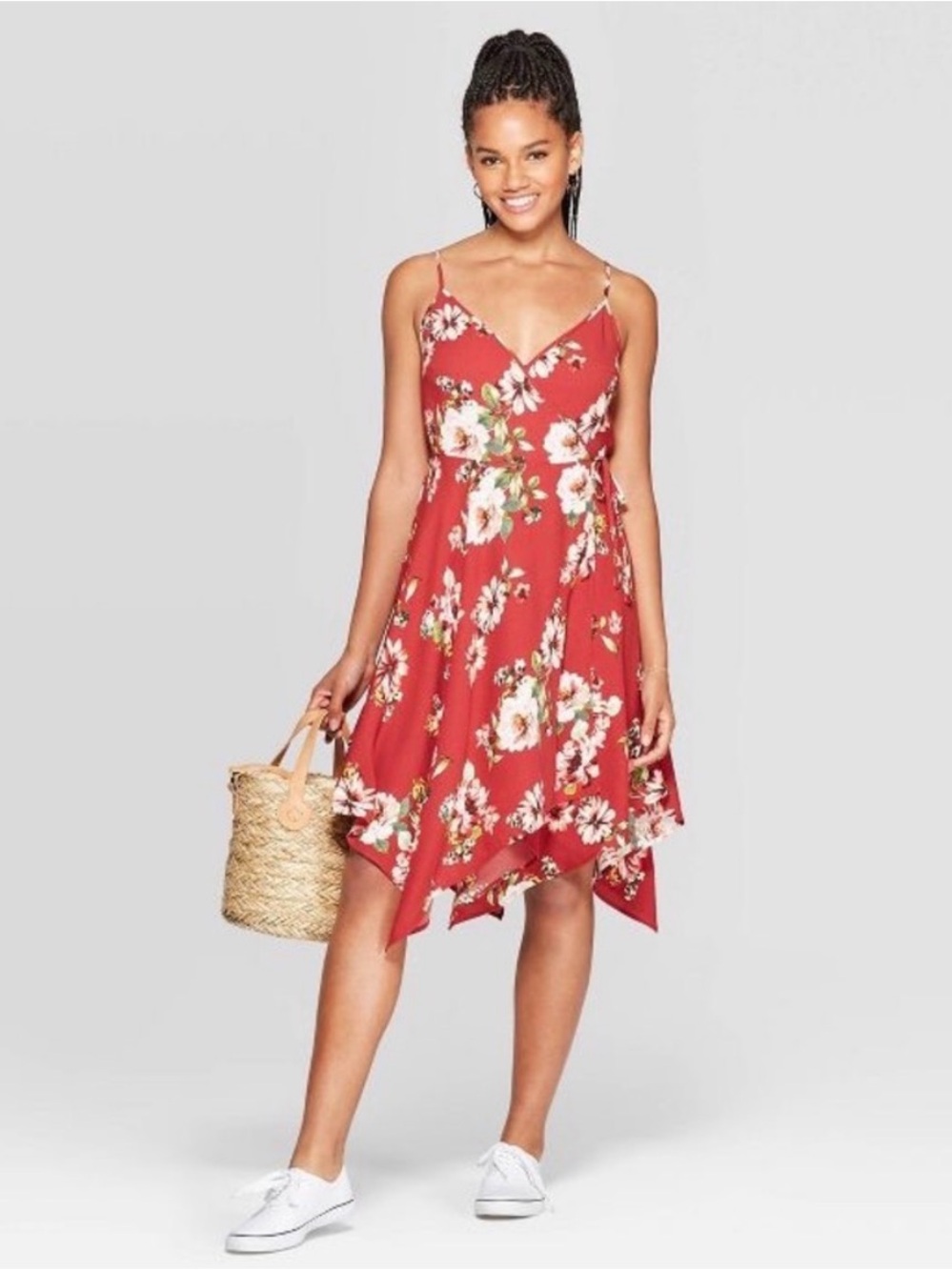 Women’s Red Floral Handkerchief Hem Sundress